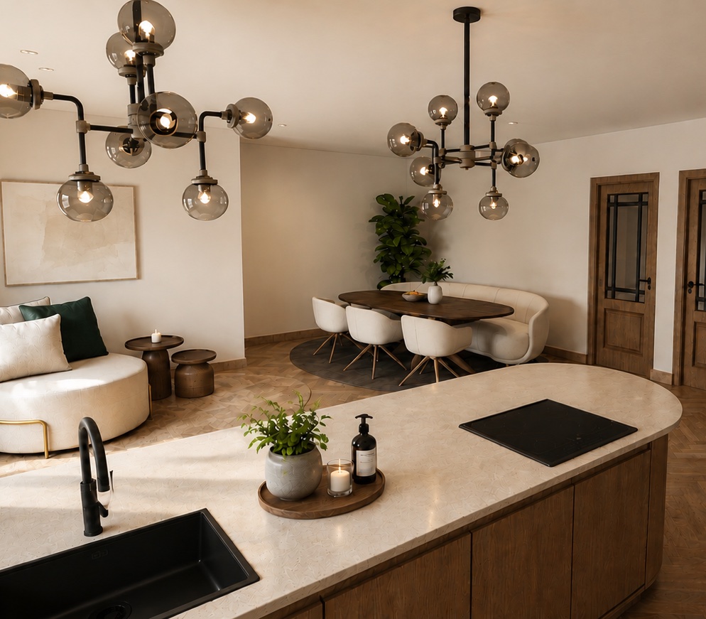 Keuken en eethoek in een woningvisualisatie
