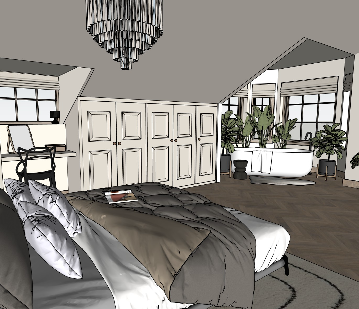 3D-schets van dezelfde slaapkamer en badkamer