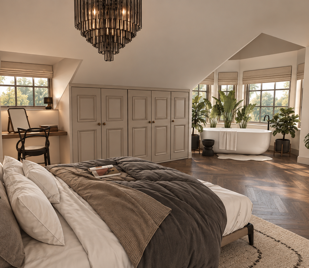 Slaapkamer met vrijstaand bad in een woningvisualisatie