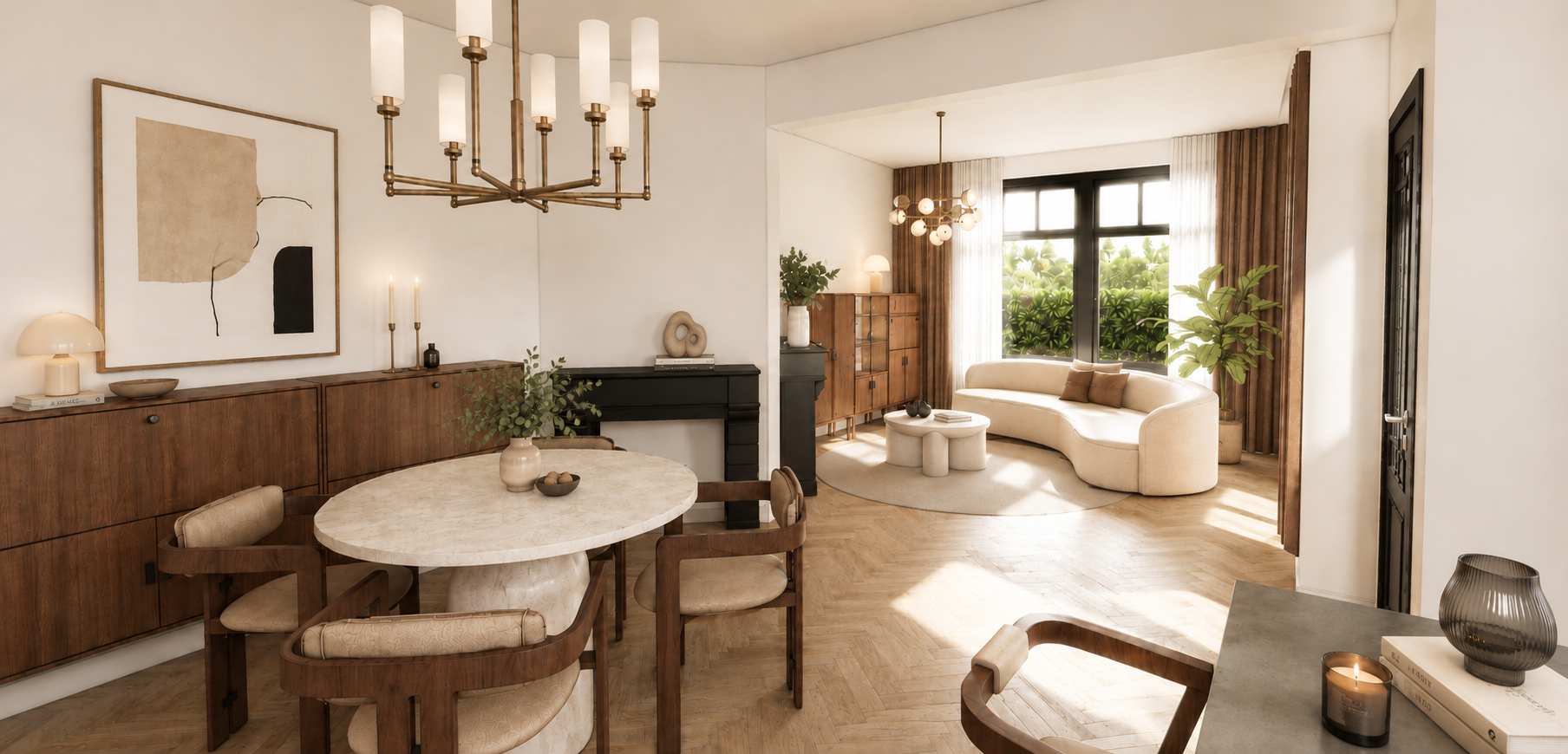 Woon- en eetkamer in een woningvisualisatie