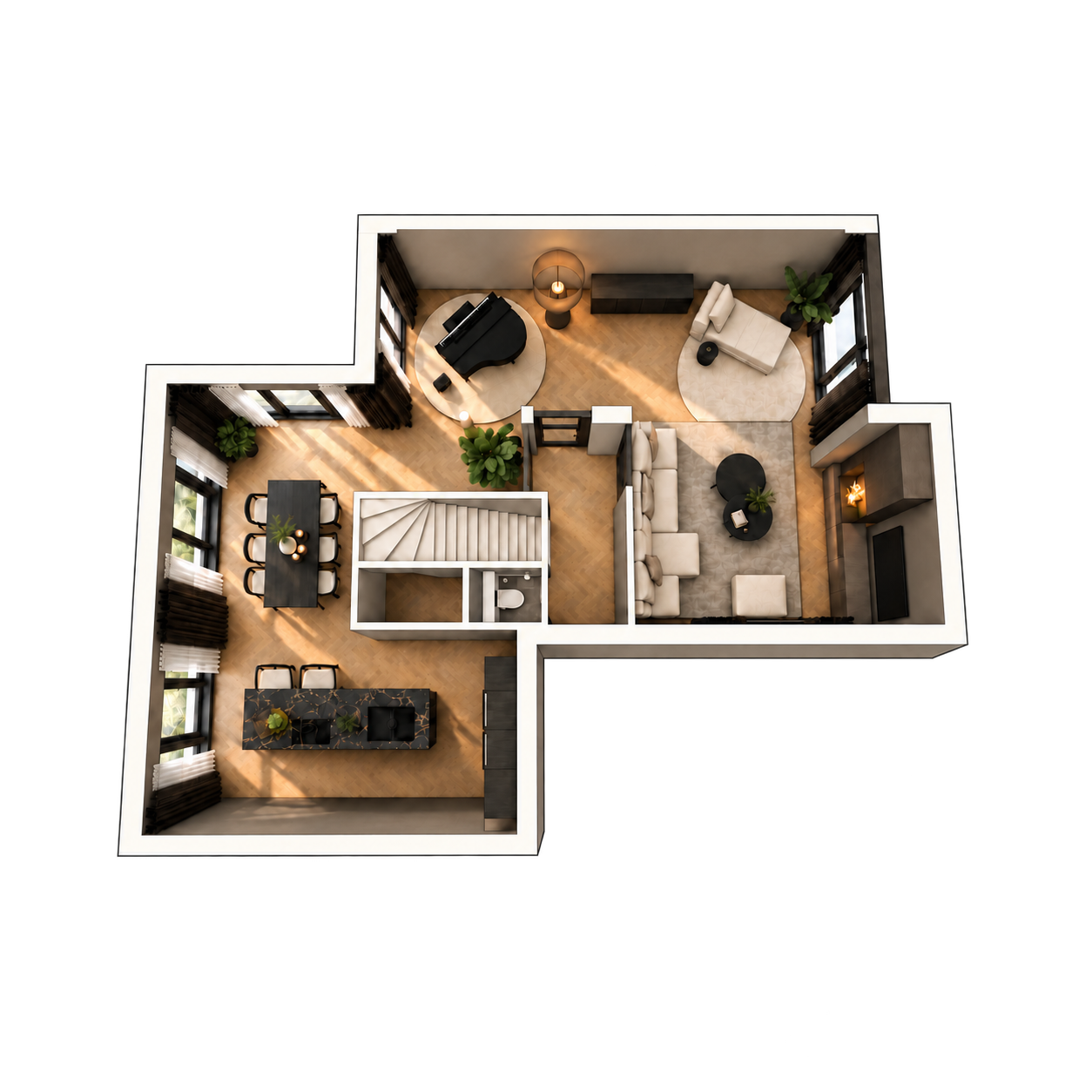 Vogelvluchtweergave van een woningvisualisatie
